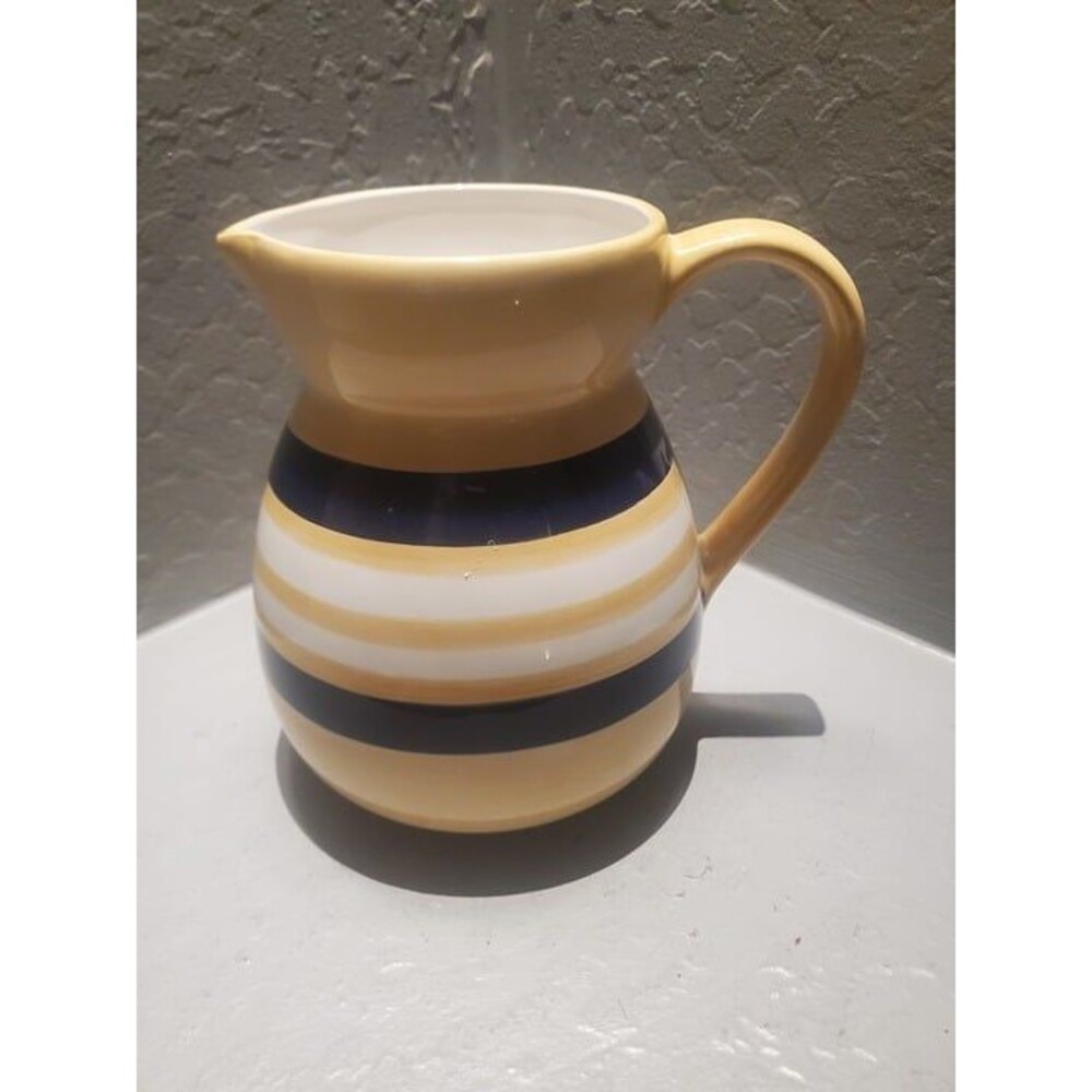 Crate & Barrel Yellowish Tan, Navy Blue and White Striped Rugby Pitcher 7.5"